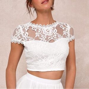 LULU’S Sweet Stunner Pure White Sweetheart Mesh Lace Crop Top MEDIUM NWT